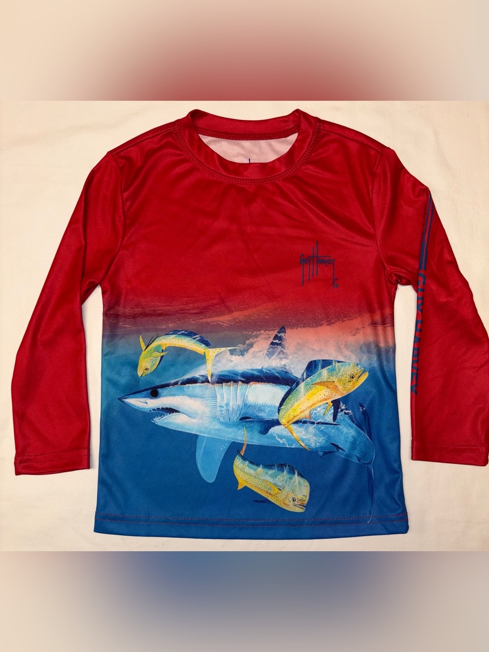 Guy Harvey Shark Mahi Performing Fishing shirt boys Sz 4 EUC